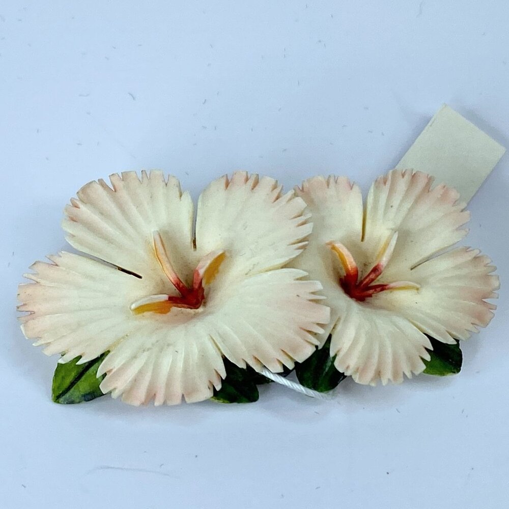 Art Deco hand carved Resin polychrome Hibiscus Floral sterling brooch JR670